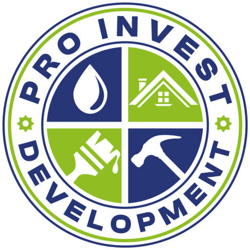 Logo of "Pro Invest Development" featuring four quadrants with blue and green icons of a water droplet, house, paintbrush, and hammer. The circular logo is encircled by text with green and blue accents.