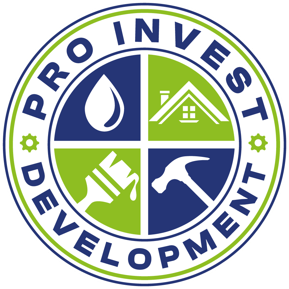 A circular logo for Pro Invest Development featuring blue and green sections with icons of a water drop, house, paintbrush, and hammer highlights important aspects of the brand.