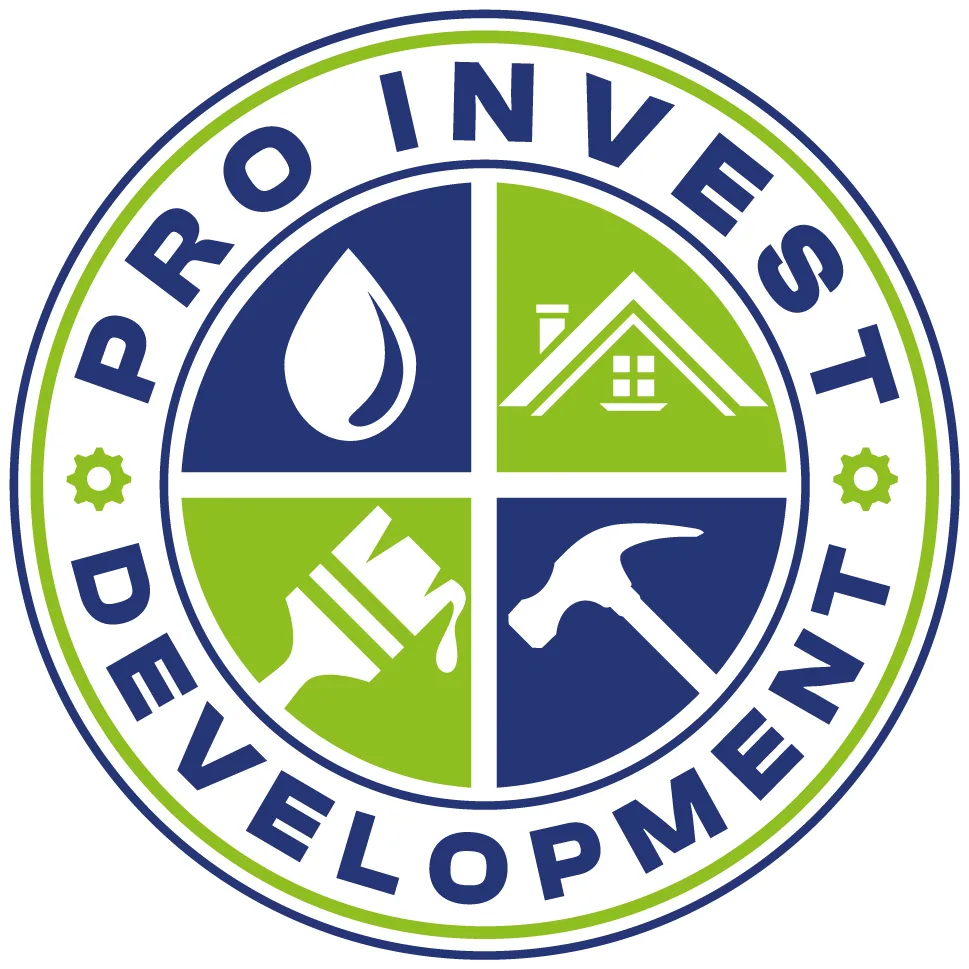 A circular logo for Pro Invest Development featuring blue and green sections with icons of a water drop, house, paintbrush, and hammer highlights important aspects of the brand.