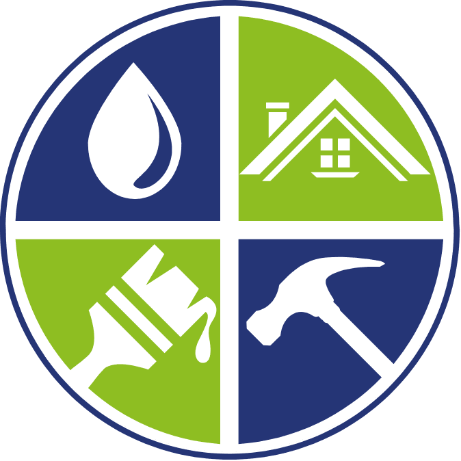 Logo for Pro Invest Development, General contractors in atlanta ga that has four quadrants with symbols of a droplet, home, paintbrush, and hammer—representing water, home life, painting, and construction.