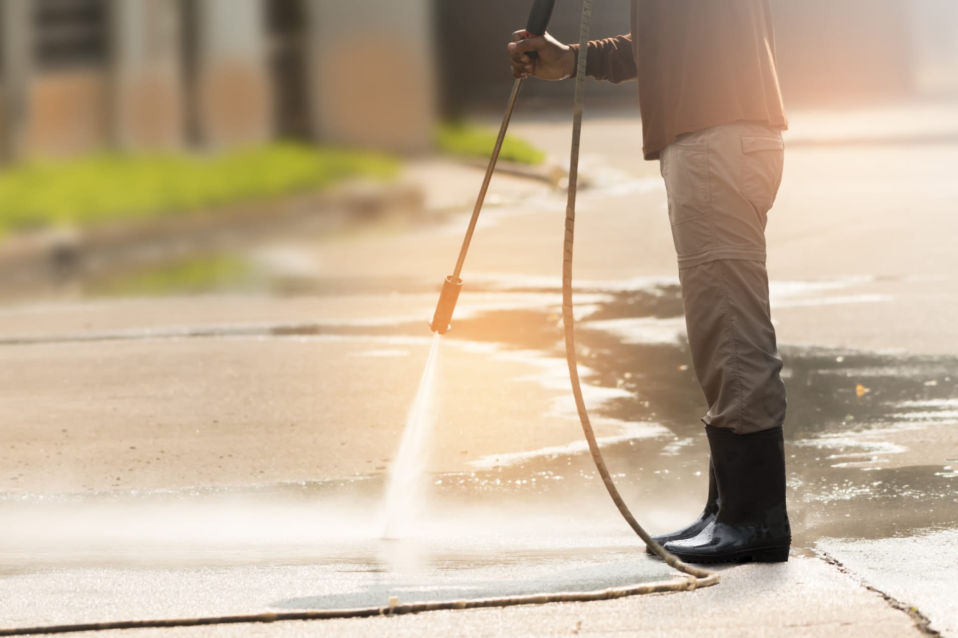 A person expertly delivers cleaning services by using a pressure washer to transform a paved surface, glistening in the bright sunshine.